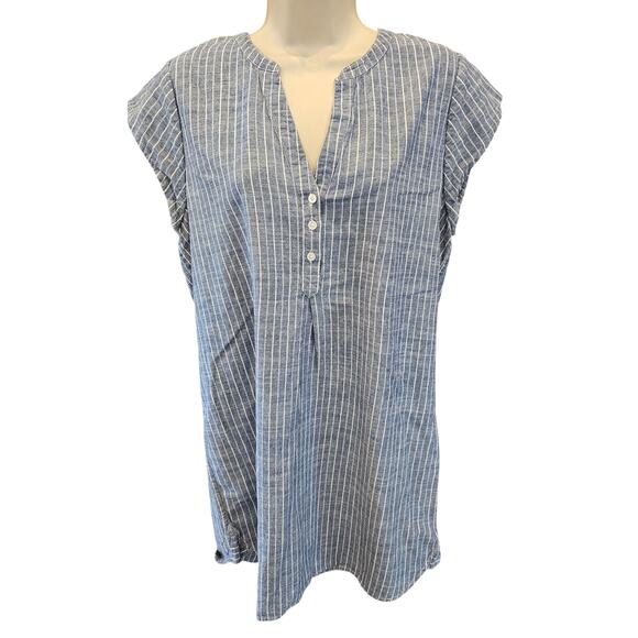 Josie chambray striped shorts sleeve tunic dress short EUC sz L versatile preppy - Picture 1 of 8